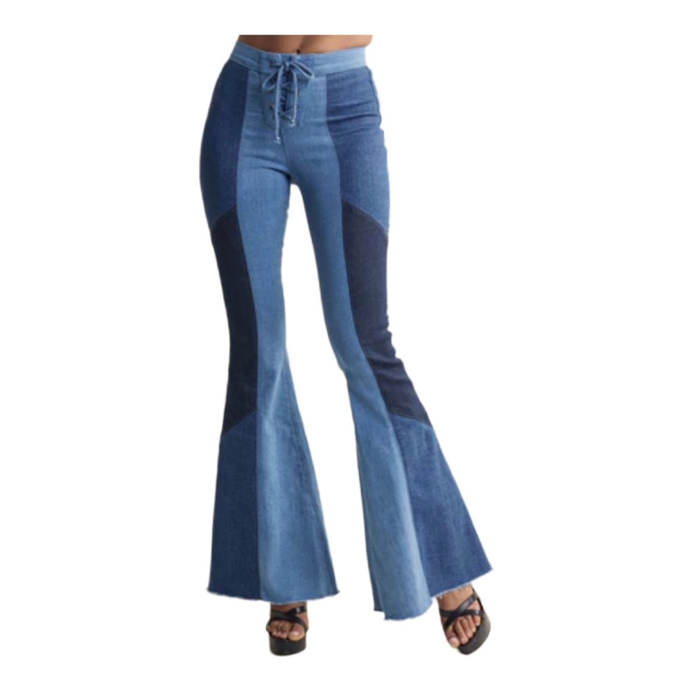 Venus Sz 10‎ Color Block Flare Patchwork Boho Chic Wide Leg Jeans SOLDOUT